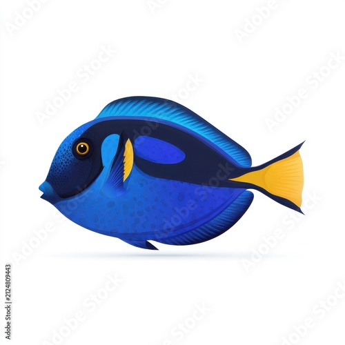 Vibrant Blue Tang Fish With Yellow Tail On White Background Isolated Vector Illustration