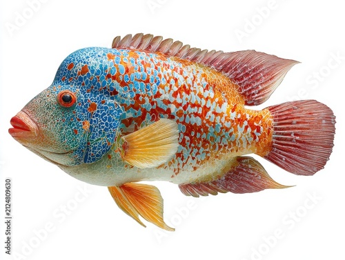 Vibrant Colorful Flowerhorn Cichlid Fish Isolated On A Clean White Background