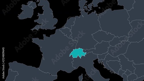 Switzerland Highlighted on Europe Map Country Focus Zoom, Alpha 4K