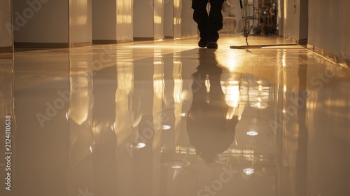Professional cleaner polishing shiny floor in modern hallway with reflections. Person in dark clothing uses mop to clean polish highly reflective floor in bright, modern hallway sunlight streaming in