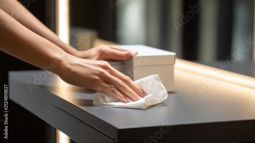 Woman's hands wiping a modern surface with a white cleaning cloth. A person is carefully cleaning a dark grey countertop with a disposable wipe, maintaining a hygienic environment