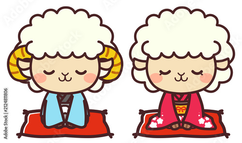 着物を着た羊のかわいいキャラクター　男女　お辞儀　イラスト素材