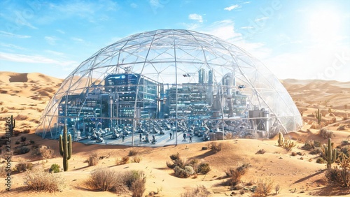 Futuristic Robot Factory Built Beneath a Transparent Dome in a Desert Landscape Featuring Industrial, Technology, Sci-Fi with Advanced and Automation