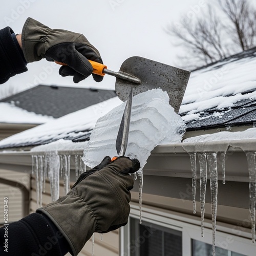 Clearing the winter's grip from the eaves.