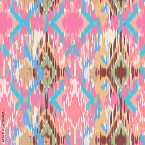 A vibrant modern Ikat bohemian seamless pattern featuring overlapping geometric diamond and zigzag shapes. The design stands out with its distinct fuzzy, brush-stroke edges that mimic traditional hand