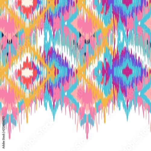 A vibrant modern Ikat bohemian seamless pattern featuring overlapping geometric diamond and zigzag shapes. The design stands out with its distinct fuzzy, brush-stroke edges that mimic traditional hand