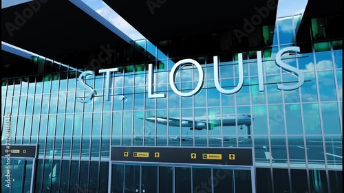 Airlane landing at St. Louis, USA. Arrival in the city with reflection of airport and aircraft