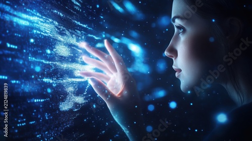 Woman interacts with a glowing digital interface that displays complex data visualizations and abstract network connections while she explores futuristic computing systems in a dark environment.