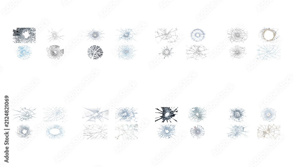 Fototapeta premium Shattered glass bullet holes collection, 32 realistic broken window cracks on white background, damaged glass texture set for composite design