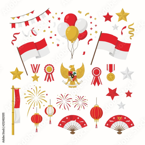 Indonesian independence day illustration set with red and white flag, garuda emblem, balloons, lanterns, fireworks and celebration decorative elements