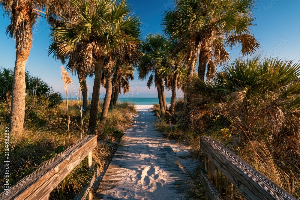 Obraz premium Sunlit boardwalk through tropical palms to turquoise Gulf waters at Honeymoon Island State Park