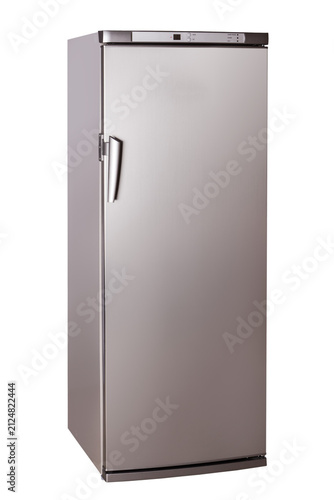 Front view of closed upright freezer with stainless steel finish isolated on transparent background, PNG template