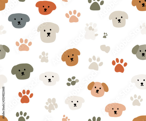 Seamless dog face and paw print pattern in muted color for pet themed fabric and wallpaper