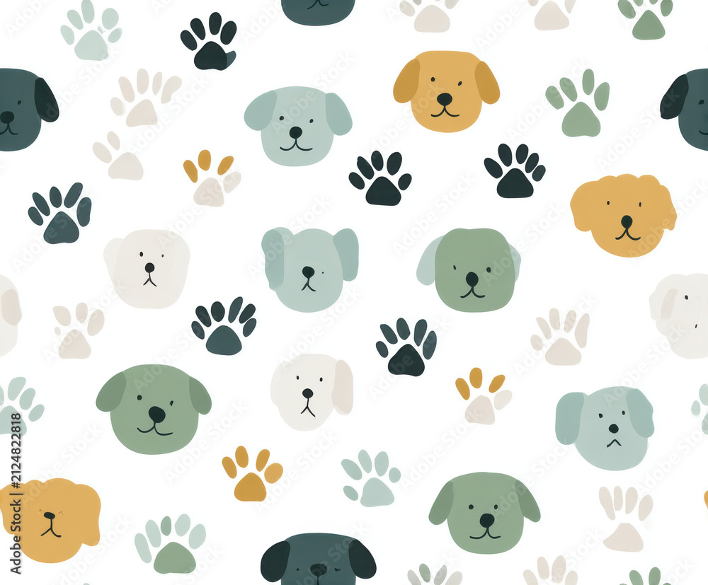 Fototapeta premium Seamless dog face and paw print pattern in muted colors on white background for pet themed fabric wallpaper