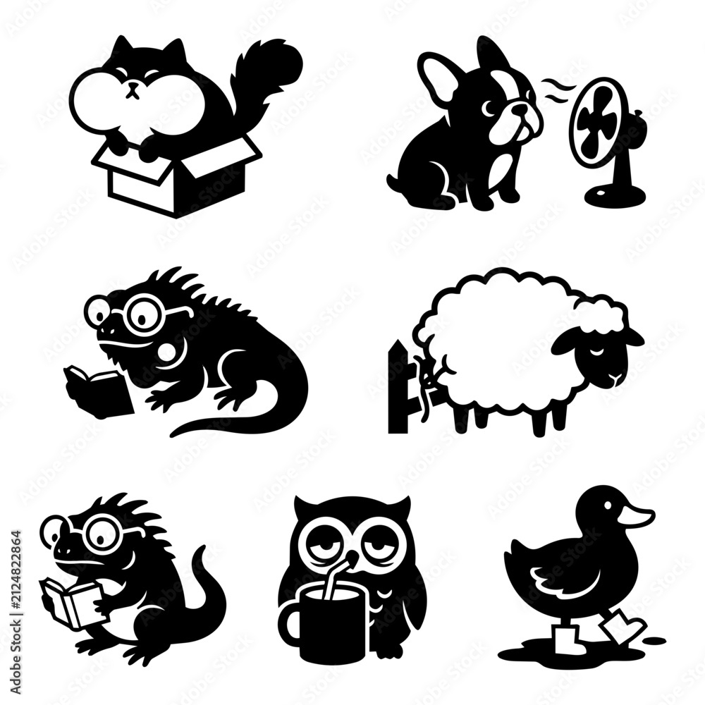 Obraz premium Funny black animal character icons set featuring fat cat in box, french bulldog with fan, reading lizard iguana, sheep on fence, tired owl with coffee cup, and duck with boots vector