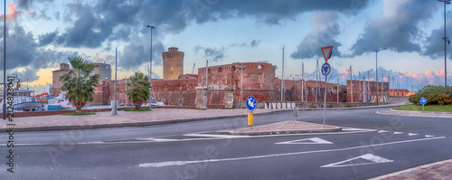 Fortezza Vecchia with cloudy sky and harbor, Livorno, Italy