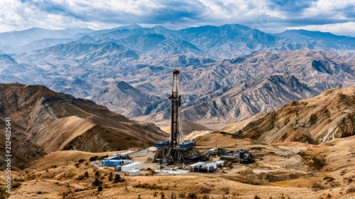 Aerial View of Oil Drill Equipment Surrounded by Mountain Landscape Under Dramatic Overcast Sky and Distant Peaks in a Remote Location