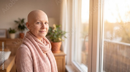 A serene moment of reflection as a bald woman stands by a sunlit window, wrapped in a cozy scarf, embodying strength and resilience in a tranquil home setting, Breast Cancer Awareness Month, copyspace