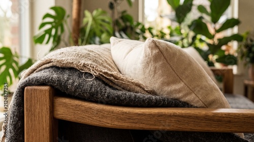 Layered wool and linen textiles on wood armrest with lush houseplants