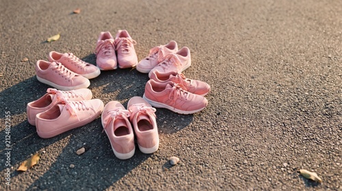 Circle of Pink Sneakers Arranged on Asphalt, Symbolizing Playfulness and Youthful Energy in a Casual Outdoor Setting, Breast Cancer Awareness Month