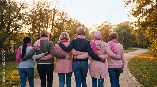 A Group of Women in Pink Scarves Embrace Each Other While Walking on a Scenic Path, Celebrating Friendship and Support Amidst Autumn Colors, Breast Cancer Awareness Month