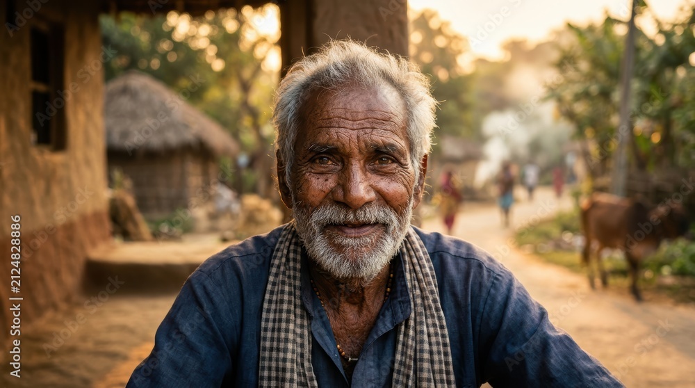 Fototapeta premium Elderly indian people man with gentle smile wearing traditional clothing in rural village setting during golden hour light