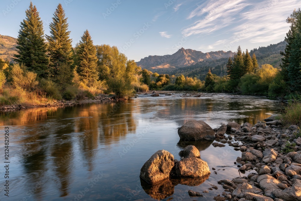 Obraz premium Sunrise over the Yampa River in Colorado: tranquil dawn with mountains, reflections, and warm light