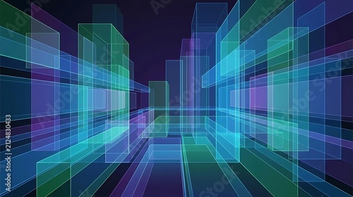 Abstract perspective of translucent geometric glass skyscraper structures.