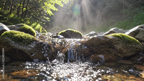 Ultra-realistic close-up footage of fresh mountain water gently flowing over smooth moss-covered stones beneath a beautiful forest waterfall.