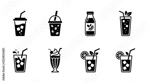 Canvastavla Collection of black and white beverage and cold drink vector icons