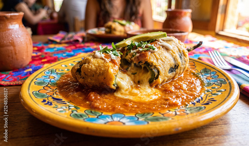 A rich fried Chile Relleno pepper served on a rustic yellow Talavera ceramic plate, Large poblano pepper dipped in fluffy egg batter, fried golden-brown, smothered in warm tomato caldillo sauce with o