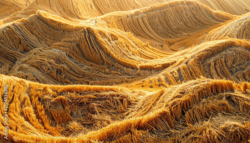 A stunning aerial view of golden terraced fields during harvest time, showcasing the intricate textures, rhythmic patterns, and sweeping undulating curves of the stubble after reaping.