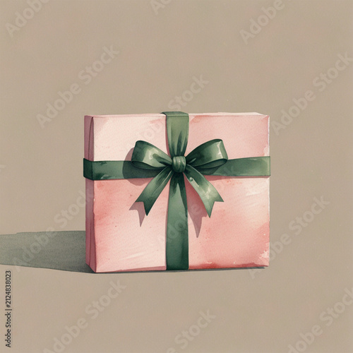 inimalist pink holiday gift box with elegant dark green ribbon bow