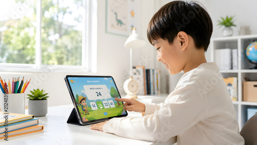Young boy using digital tablet playing educational math game sitting at desk in bright modern children room home setup.