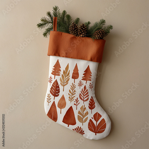 Minimalist Christmas stocking with autumn leaf pattern and pine branches on beige background