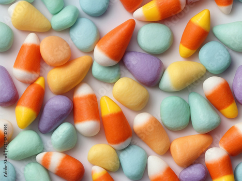 Flat lay of pastel halloween candy corn and sweet stones pattern