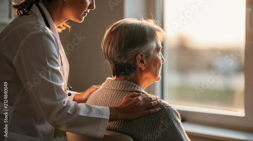 Compassionate Caregiver Supporting Elderly Woman with Gray Hair by Window During Sunset in Warm Indoor Environment
