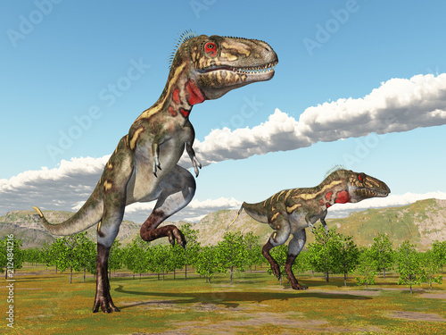 Dinosaurier Nanotyrannus in einer prähistorischen Landschaft