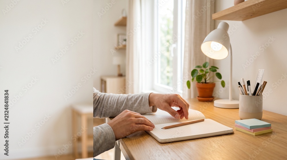 Fototapeta premium Hands writing in blank notebook at modern home office desk with copy space
