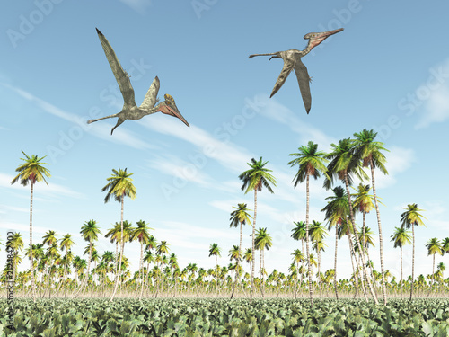Flugsaurier Pterodactylus und Peteinosaurus über einer Landschaft mit Palmen