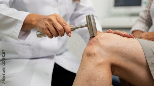 Medical examination of knee reflex with doctor using reflex hammer on patient's leg in clinical setting to assess neurological health and response