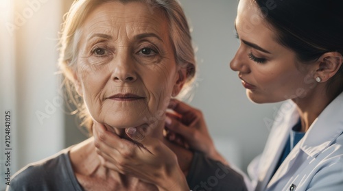 Elderly woman receiving a medical examination and care from a healthcare professional in a warm, natural light setting, focusing on health and wellness