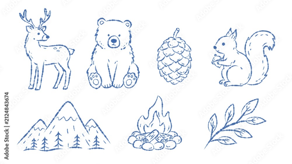 Obraz premium Hand drawn woodland nature doodle illustration with deer bear squirrel campfire mountain branch and pine cone