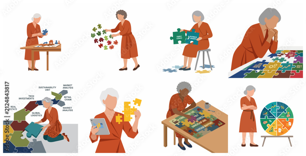 Fototapeta premium Senior businesswoman managing family business legacy and corporate strategy using jigsaw puzzles, retirement planning and wealth management concept.