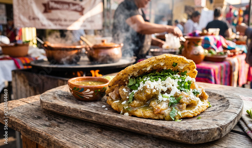 A rich thick corn Gordita split open and stuffed generously on a rustic wooden platter, Crispy fried corn pocket filled with savory chicharr�n en salsa verde (pork rind in green sauce), melting queso 