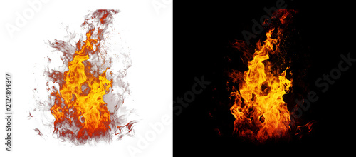 Fotografie Two flames with glowing embers and orange yellow hues against a black background