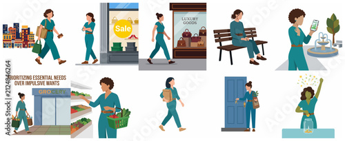 Принти на полотні Conceptual illustration set of a woman managing finances by prioritizing essenti