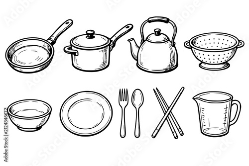 Kitchenware collection features hand-drawn illustrations of cooking tools and utensils on a plain background.