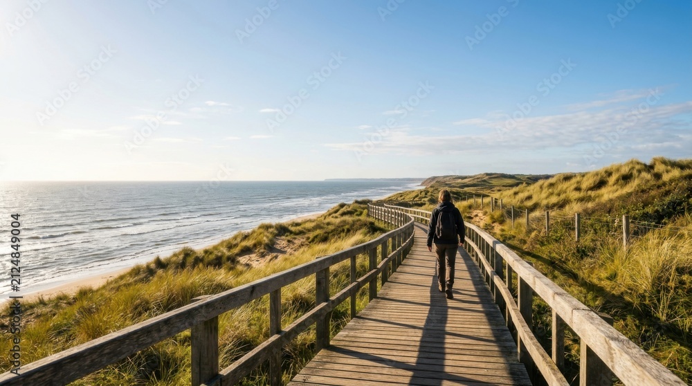 Obraz premium Wooden Boardwalk Along Peaceful Coastal Dunes