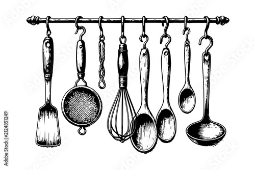 Kitchen tools dangle from a metallic wall bar to display essential culinary equipment for home cooking.